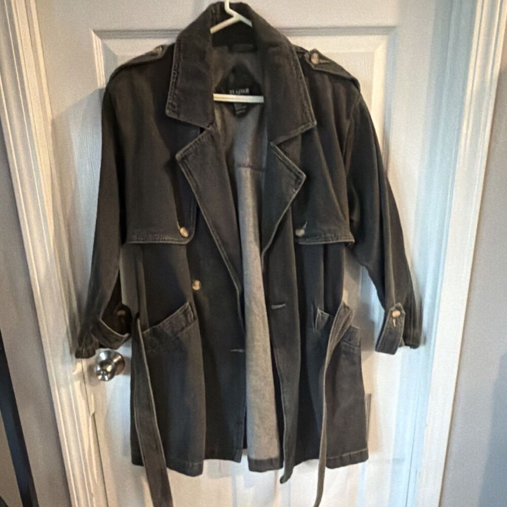 BRAEFAIR Women's Denim Black Belted Buttoned Trench Coat with Pockets Size S